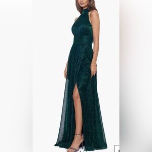 Betsy & Adam Emerald Green Metallic High-Neck Maxi Dress